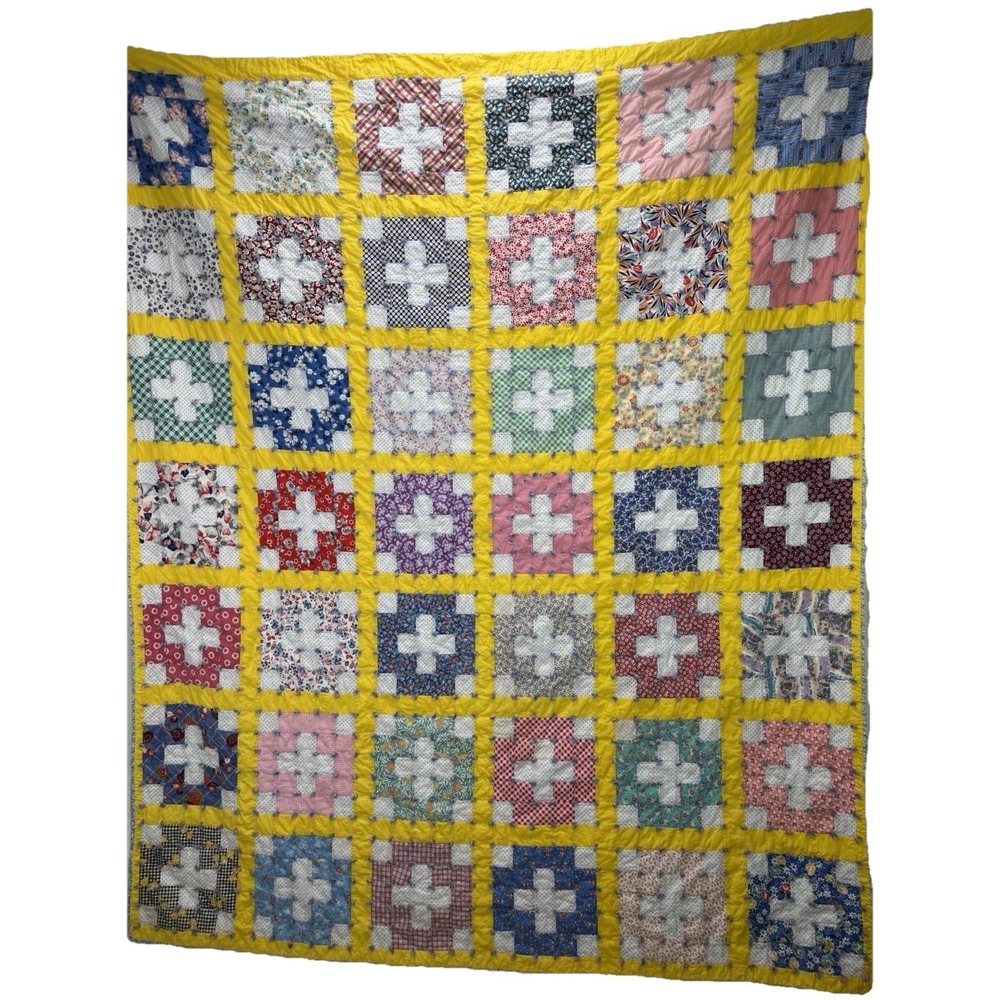 Handmade Plus Quilt Feed Sack Fabrics Hand Tied 72 x 87.5" light staining